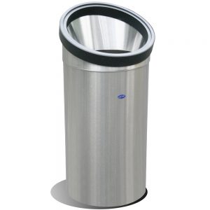 Contenedor para basura, con tapa inclinada, de acero inoxidable.